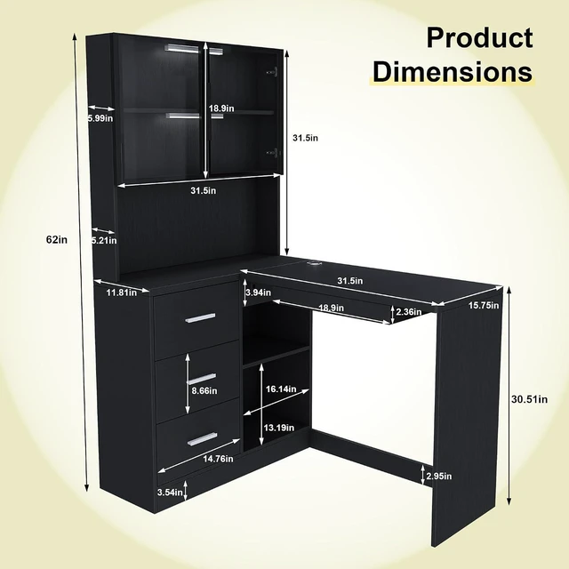 Alt view image 2 of 7 - Corner Computer Desk with Hutch & Drawers, Black