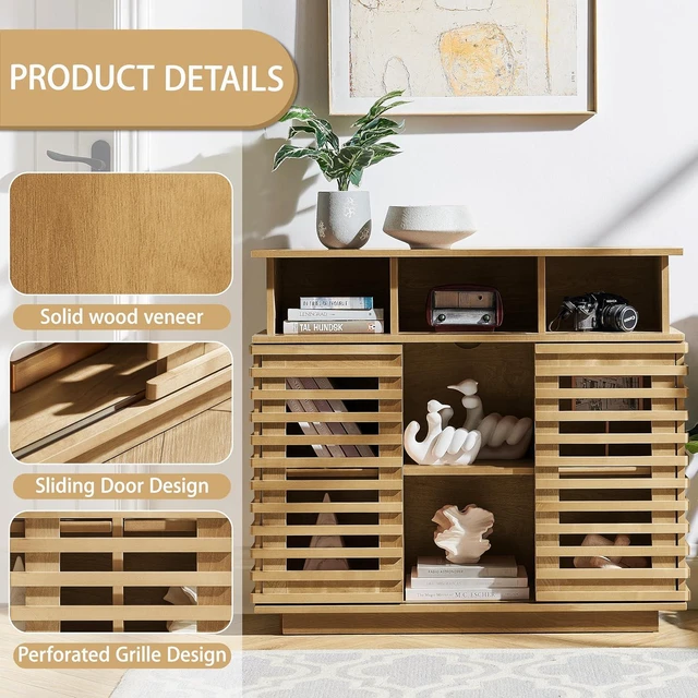 Alt view image 7 of 7 - Sideboard Buffet Cabinet with Sliding Doors & Adjustable Shelf, Farmhouse Cabinet with Open Storage for Kitchen Living Room Entryway Hallway, Natural Wood