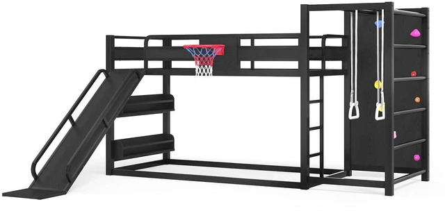 Alt view image 6 of 7 - Twin XL Metal Bunk Bed with Slide, Basketball Hoop & Pull-Up Rings, Heavy Duty Multi-Functional Sports Bed Frame with Climbing Wall & Bookshelves, Black