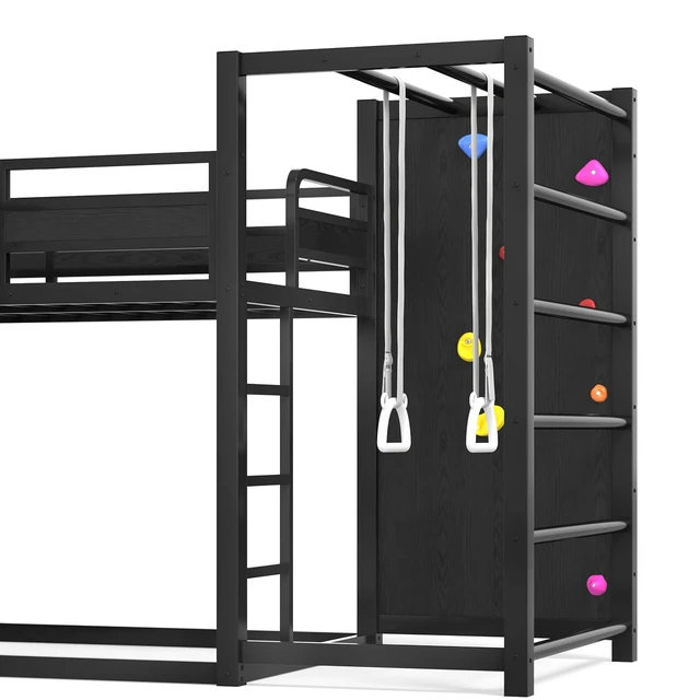 Alt view image 7 of 7 - Twin XL Metal Bunk Bed with Slide, Basketball Hoop & Pull-Up Rings, Heavy Duty Multi-Functional Sports Bed Frame with Climbing Wall & Bookshelves, Black