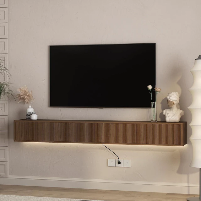 Alt view image 7 of 7 - 78.7 Wall Mounted TV Stand with Outlets and 16 Color Led Light, Walnut