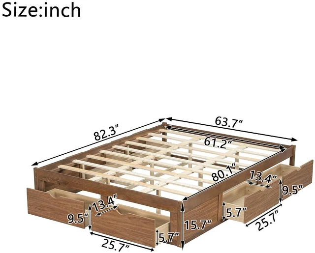 Alt view image 2 of 7 - Solid Wood Platform Bed with Storage Drawers, No Headboard Bed & Low Pine Captain Bed No Box Spring Needed, Queen Size, Light Walnut