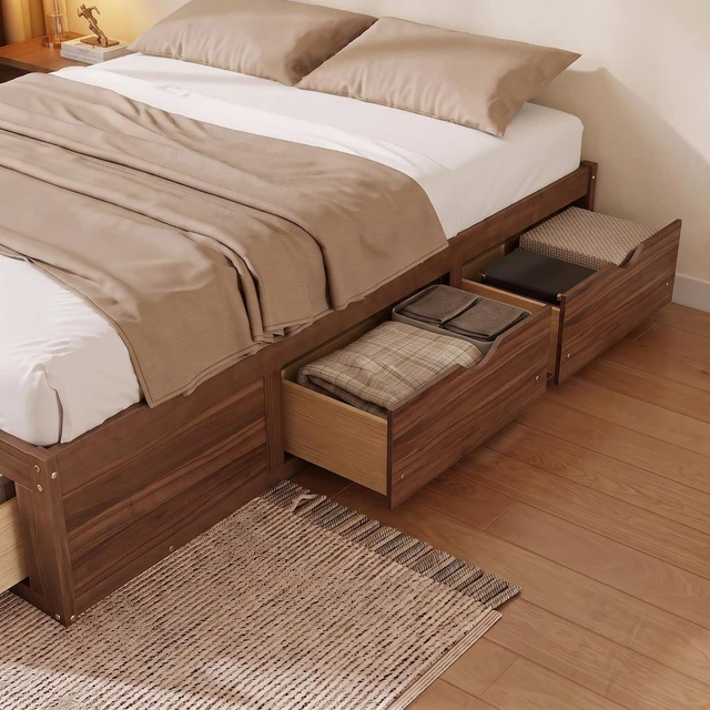 Alt view image 3 of 7 - Solid Wood Platform Bed with Storage Drawers, No Headboard Bed & Low Pine Captain Bed No Box Spring Needed, Queen Size, Light Walnut