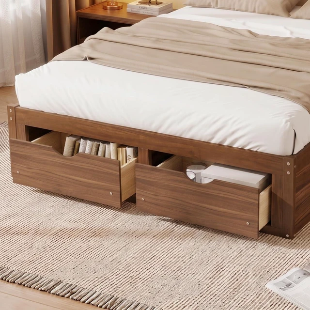 Alt view image 4 of 7 - Solid Wood Platform Bed with Storage Drawers, No Headboard Bed & Low Pine Captain Bed No Box Spring Needed, Queen Size, Light Walnut