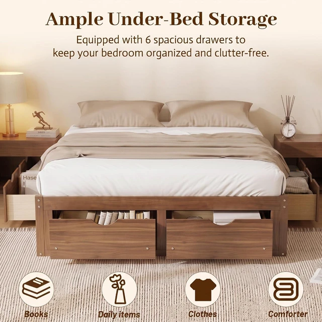Alt view image 5 of 7 - Solid Wood Platform Bed with Storage Drawers, No Headboard Bed & Low Pine Captain Bed No Box Spring Needed, Queen Size, Light Walnut