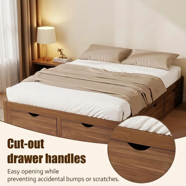 Alt view image 6 of 7 - Solid Wood Platform Bed with Storage Drawers, No Headboard Bed & Low Pine Captain Bed No Box Spring Needed, Queen Size, Light Walnut