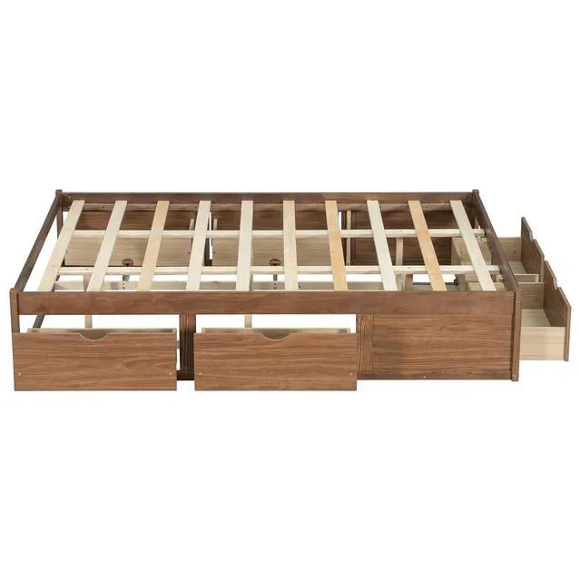 Alt view image 7 of 7 - Solid Wood Platform Bed with Storage Drawers, No Headboard Bed & Low Pine Captain Bed No Box Spring Needed, Queen Size, Light Walnut