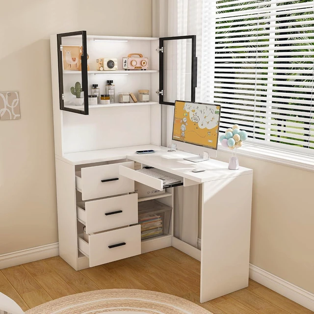 Alt view image 3 of 7 - Computer Desk with Hutch & Glass Storage Cabinets,White