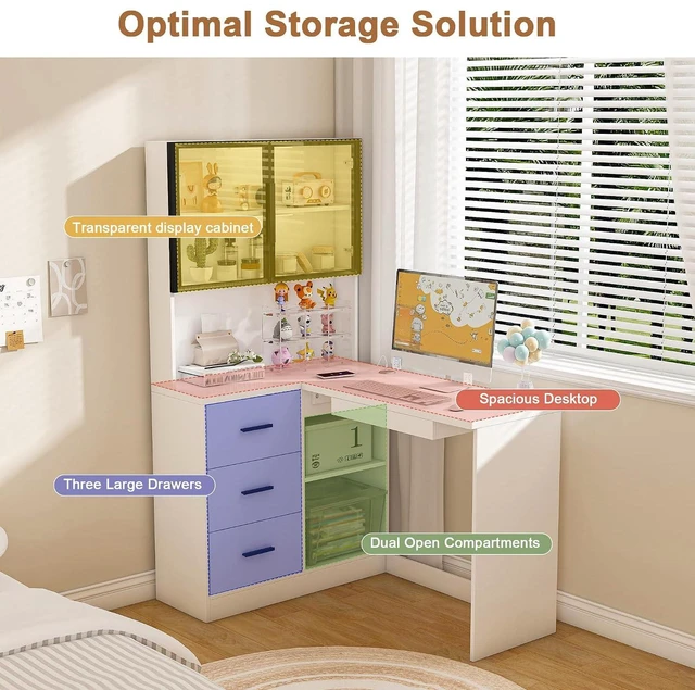 Alt view image 5 of 7 - Computer Desk with Hutch & Glass Storage Cabinets,White
