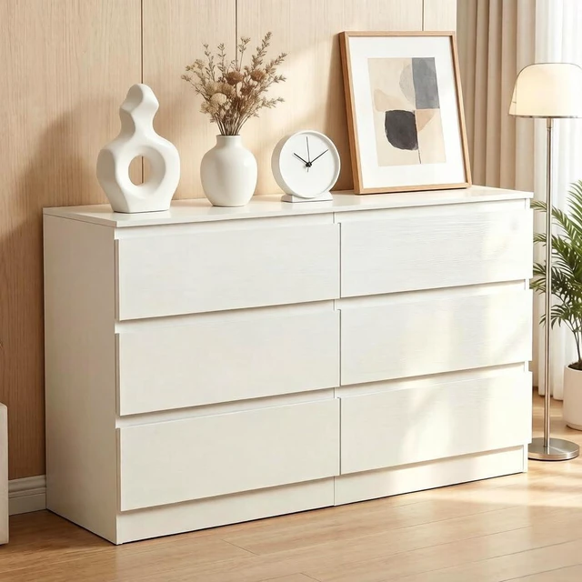 Main image of Minimalist 6 Drawer Dresser with No-Handle Design, White