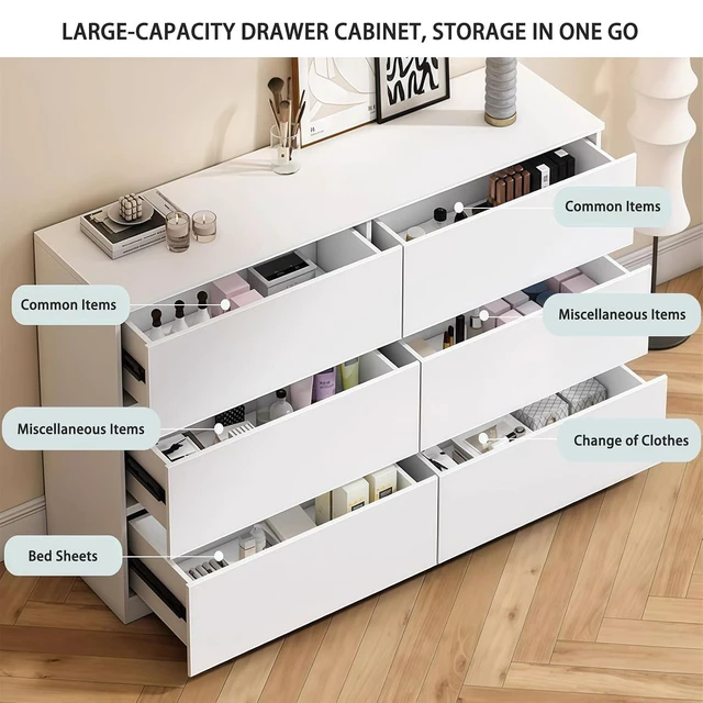Alt view image 3 of 7 - Minimalist 6 Drawer Dresser with No-Handle Design, White