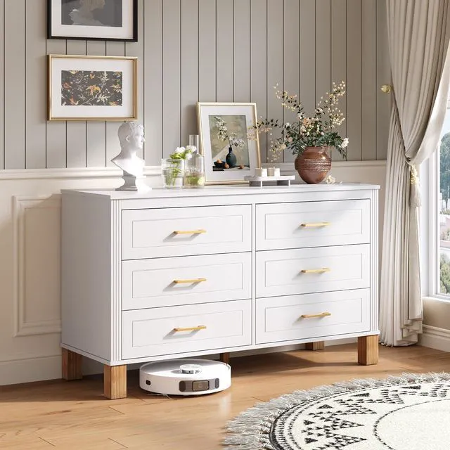 Main image of Modern 6 Drawer Double Cabinet with Metal Handles, 47.24" Wide Modern Chest of Drawers with Solid Wood Legs, Vertical Storage Organizer for Living Rooms, White