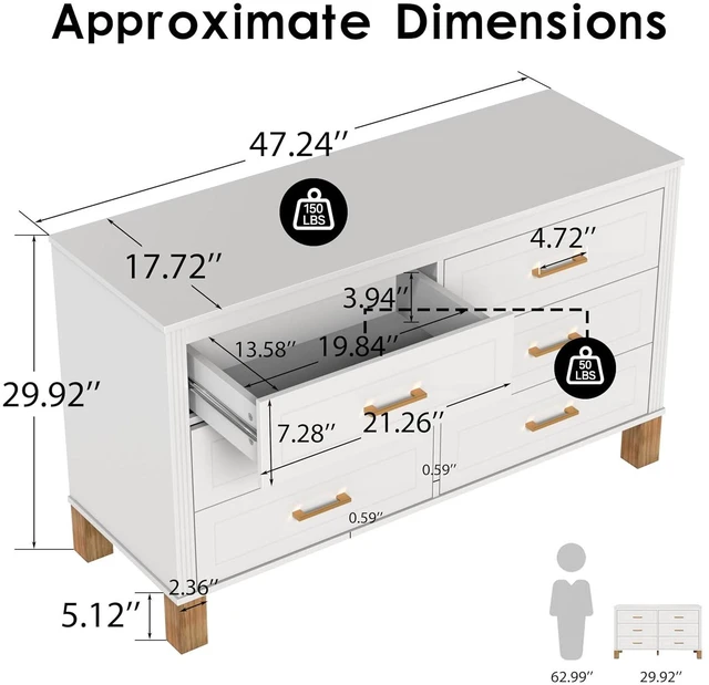 Alt view image 2 of 7 - Modern 6 Drawer Double Cabinet with Metal Handles, 47.24" Wide Modern Chest of Drawers with Solid Wood Legs, Vertical Storage Organizer for Living Rooms, White