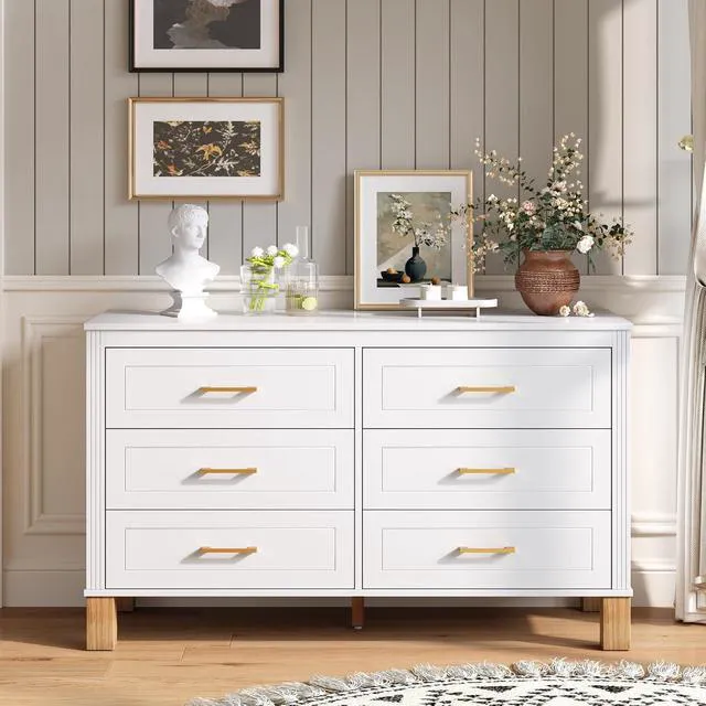 Alt view image 3 of 7 - Modern 6 Drawer Double Cabinet with Metal Handles, 47.24" Wide Modern Chest of Drawers with Solid Wood Legs, Vertical Storage Organizer for Living Rooms, White