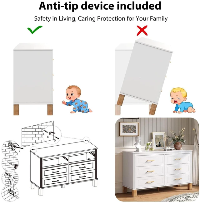 Alt view image 4 of 7 - Modern 6 Drawer Double Cabinet with Metal Handles, 47.24" Wide Modern Chest of Drawers with Solid Wood Legs, Vertical Storage Organizer for Living Rooms, White
