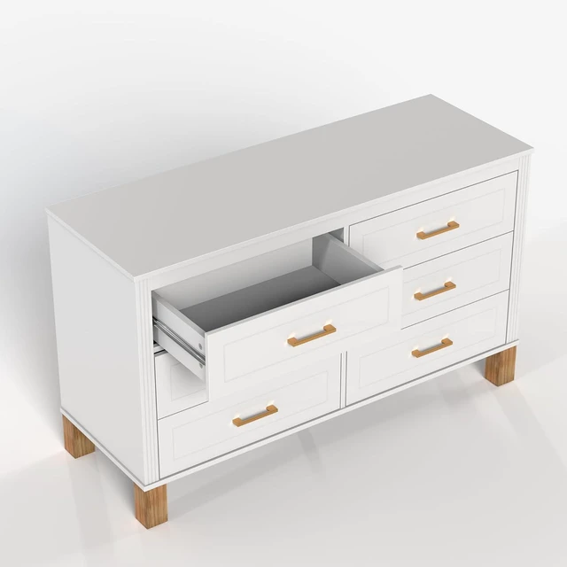 Alt view image 6 of 7 - Modern 6 Drawer Double Cabinet with Metal Handles, 47.24" Wide Modern Chest of Drawers with Solid Wood Legs, Vertical Storage Organizer for Living Rooms, White