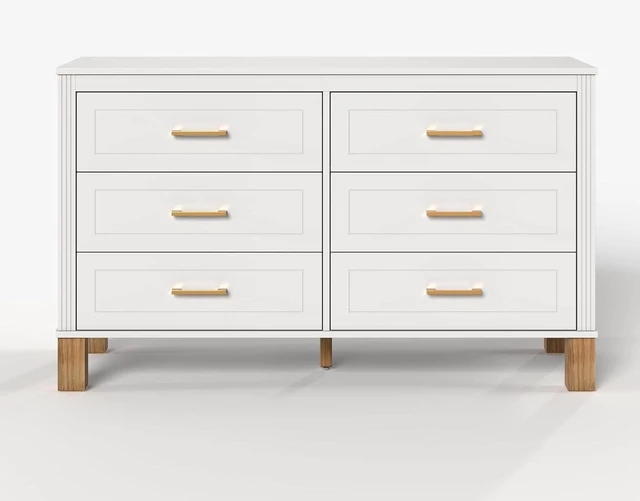 Alt view image 7 of 7 - Modern 6 Drawer Double Cabinet with Metal Handles, 47.24" Wide Modern Chest of Drawers with Solid Wood Legs, Vertical Storage Organizer for Living Rooms, White
