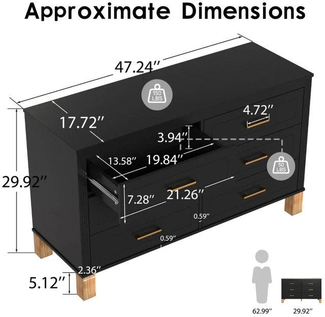 Alt view image 2 of 7 - Modern 6 Drawer Double Cabinet with Metal Handles, 47.24" Wide Modern Chest of Drawers with Solid Wood Legs, Vertical Storage Organizer for Living Rooms, Black
