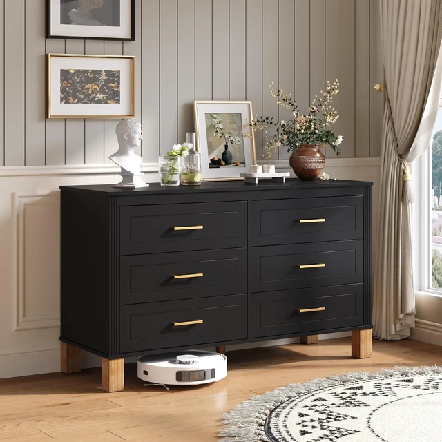 Main image of Modern 6 Drawer Double Cabinet with Metal Handles, 47.24" Wide Modern Chest of Drawers with Solid Wood Legs, Vertical Storage Organizer for Living Rooms, Black