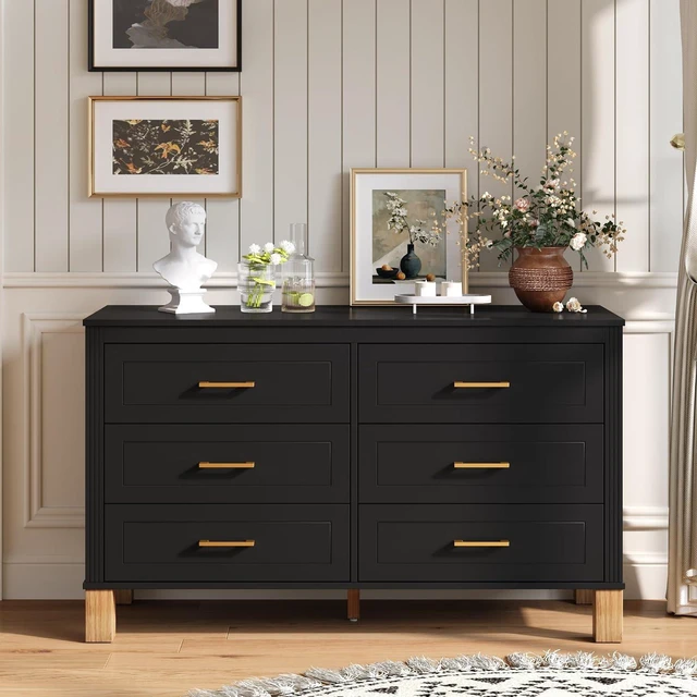 Alt view image 3 of 7 - Modern 6 Drawer Double Cabinet with Metal Handles, 47.24" Wide Modern Chest of Drawers with Solid Wood Legs, Vertical Storage Organizer for Living Rooms, Black