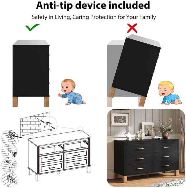 Alt view image 4 of 7 - Modern 6 Drawer Double Cabinet with Metal Handles, 47.24" Wide Modern Chest of Drawers with Solid Wood Legs, Vertical Storage Organizer for Living Rooms, Black