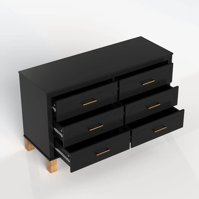 Alt view image 6 of 7 - Modern 6 Drawer Double Cabinet with Metal Handles, 47.24" Wide Modern Chest of Drawers with Solid Wood Legs, Vertical Storage Organizer for Living Rooms, Black