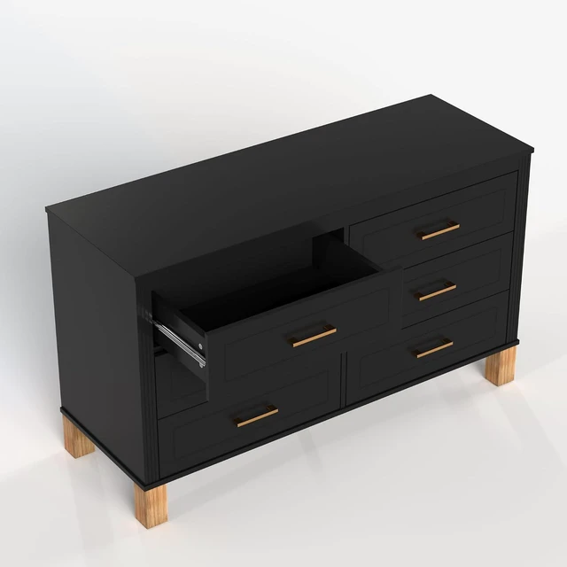Alt view image 7 of 7 - Modern 6 Drawer Double Cabinet with Metal Handles, 47.24" Wide Modern Chest of Drawers with Solid Wood Legs, Vertical Storage Organizer for Living Rooms, Black