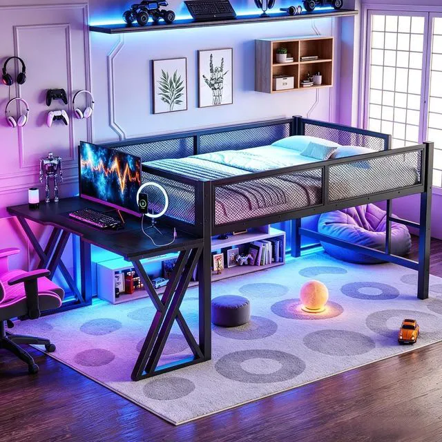 Main image of Full Size Low Loft Bed with Desk and LED Lights & USB Charging Station, Gaming Loft Bed Frame with Ladder & Mesh Guardrail for Teens Adults Bedroom, Black
