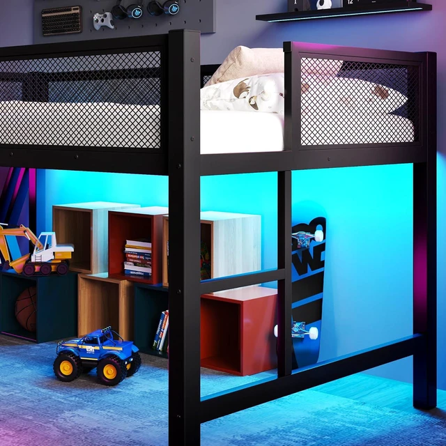 Alt view image 2 of 7 - Full Size Low Loft Bed with Desk and LED Lights & USB Charging Station, Gaming Loft Bed Frame with Ladder & Mesh Guardrail for Teens Adults Bedroom, Black
