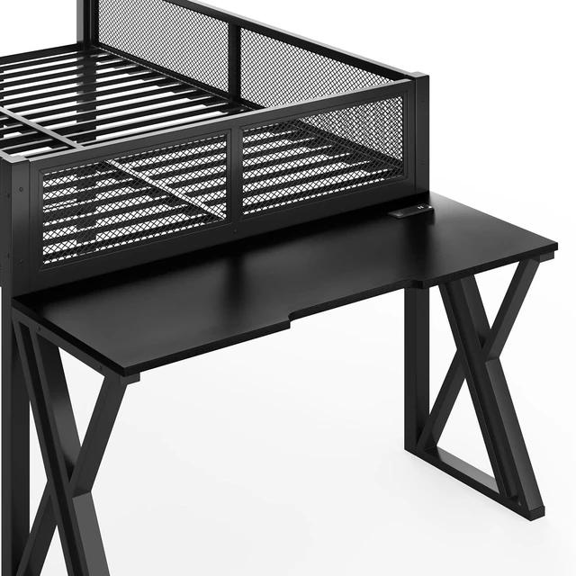 Alt view image 4 of 7 - Full Size Low Loft Bed with Desk and LED Lights & USB Charging Station, Gaming Loft Bed Frame with Ladder & Mesh Guardrail for Teens Adults Bedroom, Black