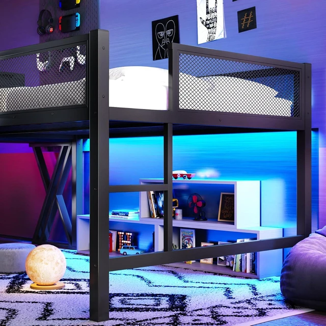 Alt view image 3 of 7 - Full Size Low Loft Bed with Desk and LED Lights & USB Charging Station, Gaming Loft Bed Frame with Ladder & Mesh Guardrail for Teens Adults Bedroom, Black