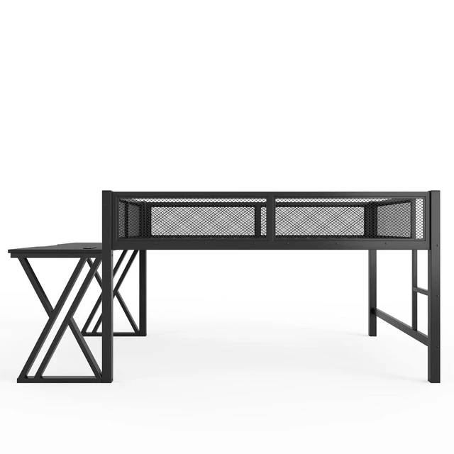 Alt view image 5 of 7 - Full Size Low Loft Bed with Desk and LED Lights & USB Charging Station, Gaming Loft Bed Frame with Ladder & Mesh Guardrail for Teens Adults Bedroom, Black