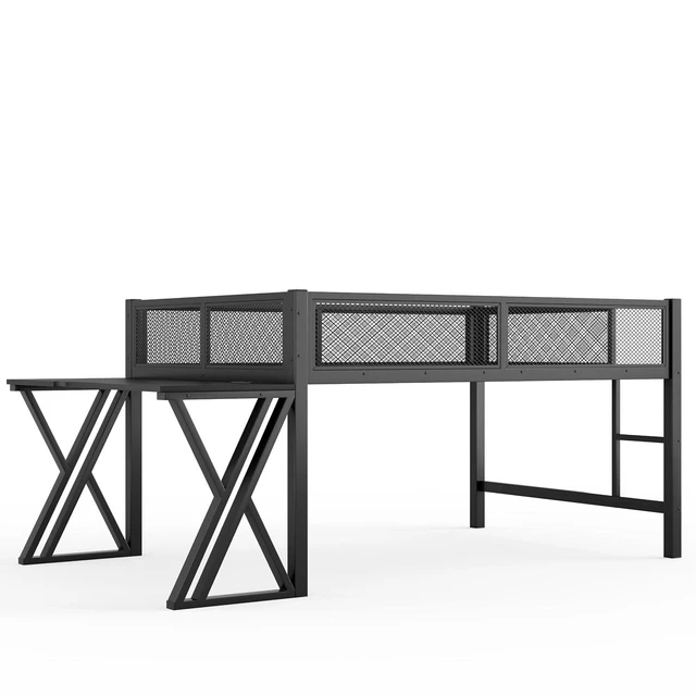 Alt view image 6 of 7 - Full Size Low Loft Bed with Desk and LED Lights & USB Charging Station, Gaming Loft Bed Frame with Ladder & Mesh Guardrail for Teens Adults Bedroom, Black