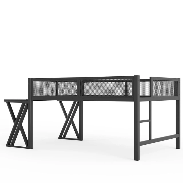 Alt view image 7 of 7 - Full Size Low Loft Bed with Desk and LED Lights & USB Charging Station, Gaming Loft Bed Frame with Ladder & Mesh Guardrail for Teens Adults Bedroom, Black