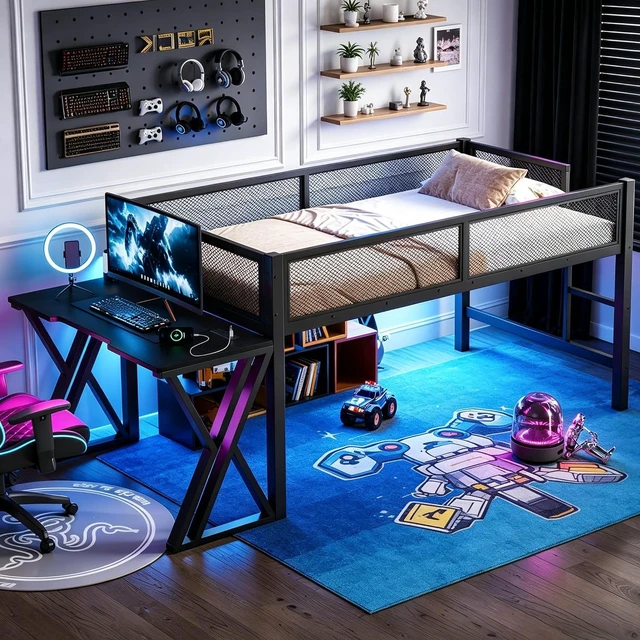 Main image of Twin XL Size Low Loft Bed with Desk and LED Lights & USB Charging Station, Gaming Loft Bed Frame with Ladder & Mesh Guardrail for Teens Adults Bedroom, Black