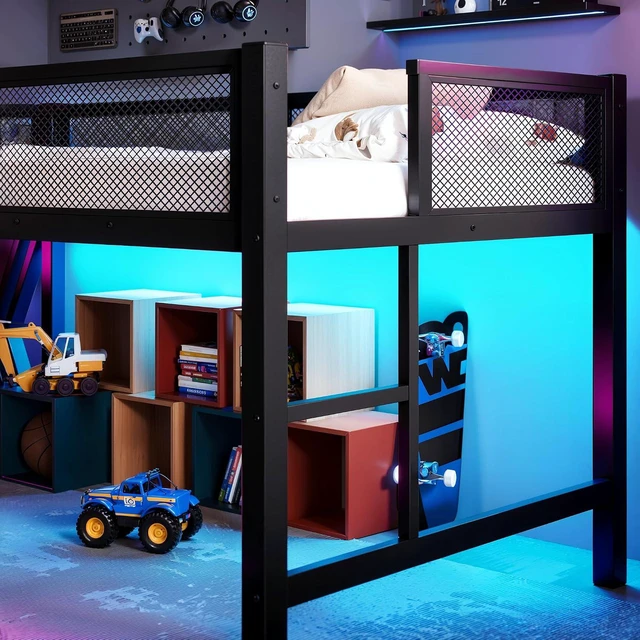 Alt view image 3 of 7 - Twin XL Size Low Loft Bed with Desk and LED Lights & USB Charging Station, Gaming Loft Bed Frame with Ladder & Mesh Guardrail for Teens Adults Bedroom, Black