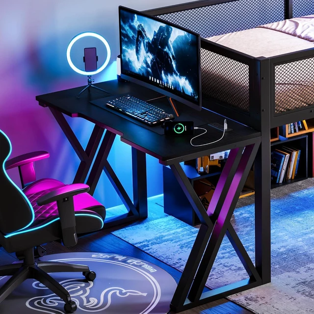 Alt view image 4 of 7 - Twin XL Size Low Loft Bed with Desk and LED Lights & USB Charging Station, Gaming Loft Bed Frame with Ladder & Mesh Guardrail for Teens Adults Bedroom, Black