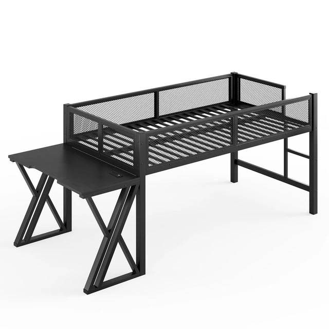 Alt view image 7 of 7 - Twin XL Size Low Loft Bed with Desk and LED Lights & USB Charging Station, Gaming Loft Bed Frame with Ladder & Mesh Guardrail for Teens Adults Bedroom, Black