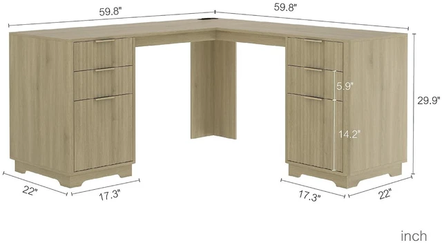 Alt view image 2 of 7 - 60 Inch L Shaped Computer Desk with USB Charging Ports and Storage Drawer Cabinets, Modern Wood Corner Writing Desk for Home Office Workstation, Light Oak