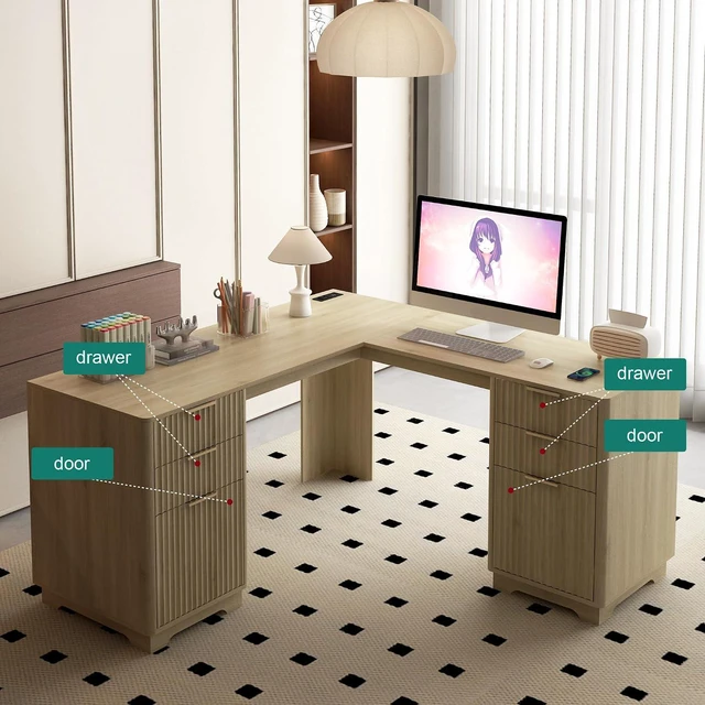 Alt view image 3 of 7 - 60 Inch L Shaped Computer Desk with USB Charging Ports and Storage Drawer Cabinets, Modern Wood Corner Writing Desk for Home Office Workstation, Light Oak