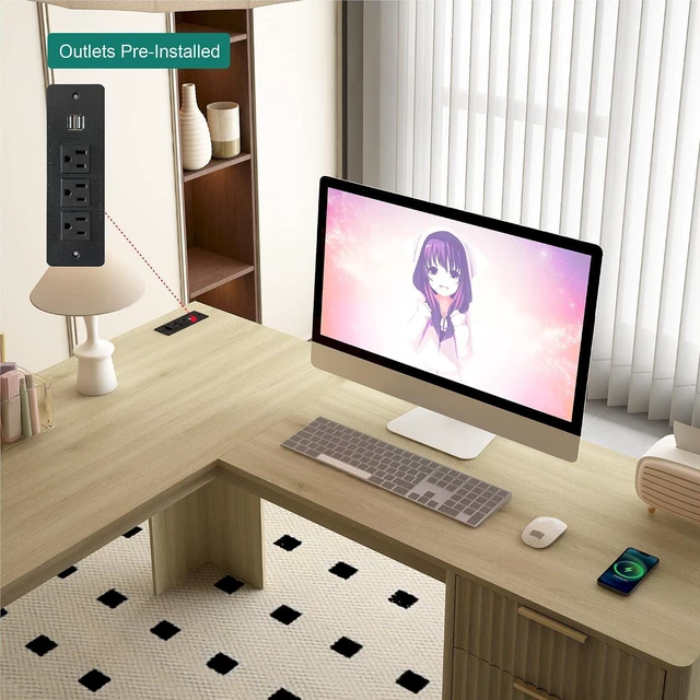 Alt view image 4 of 7 - 60 Inch L Shaped Computer Desk with USB Charging Ports and Storage Drawer Cabinets, Modern Wood Corner Writing Desk for Home Office Workstation, Light Oak