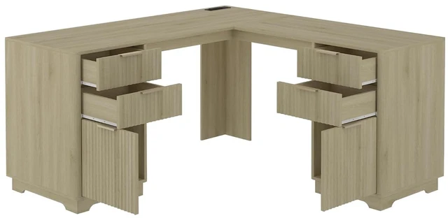 Alt view image 6 of 7 - 60 Inch L Shaped Computer Desk with USB Charging Ports and Storage Drawer Cabinets, Modern Wood Corner Writing Desk for Home Office Workstation, Light Oak