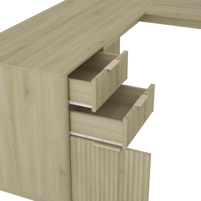 Alt view image 7 of 7 - 60 Inch L Shaped Computer Desk with USB Charging Ports and Storage Drawer Cabinets, Modern Wood Corner Writing Desk for Home Office Workstation, Light Oak