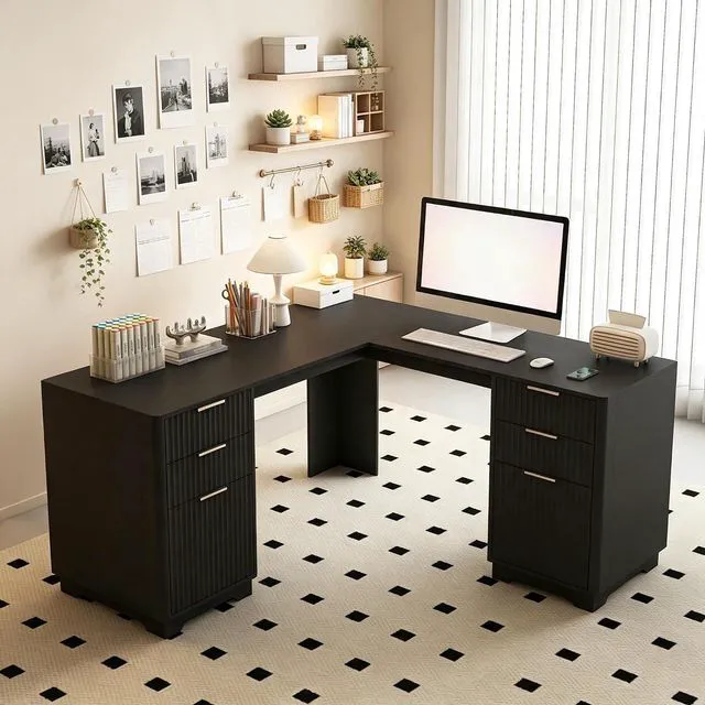 Main image of 60 Inch L Shaped Computer Desk with USB Charging Ports and Storage Drawer Cabinets, Modern Wood Corner Writing Desk for Home Office Workstation, Black