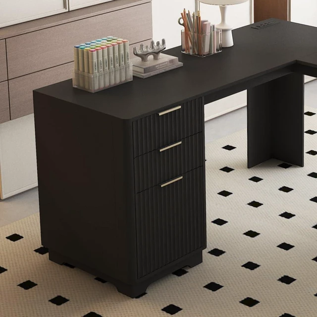 Alt view image 3 of 7 - 60 Inch L Shaped Computer Desk with USB Charging Ports and Storage Drawer Cabinets, Modern Wood Corner Writing Desk for Home Office Workstation, Black