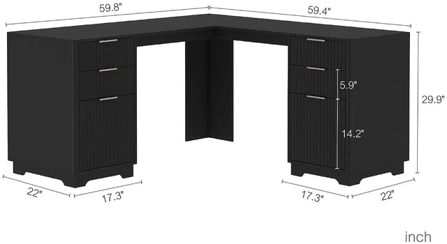 Alt view image 2 of 7 - 60 Inch L Shaped Computer Desk with USB Charging Ports and Storage Drawer Cabinets, Modern Wood Corner Writing Desk for Home Office Workstation, Black