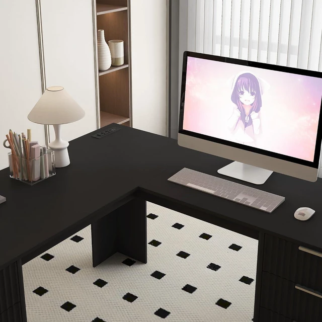 Alt view image 6 of 7 - 60 Inch L Shaped Computer Desk with USB Charging Ports and Storage Drawer Cabinets, Modern Wood Corner Writing Desk for Home Office Workstation, Black