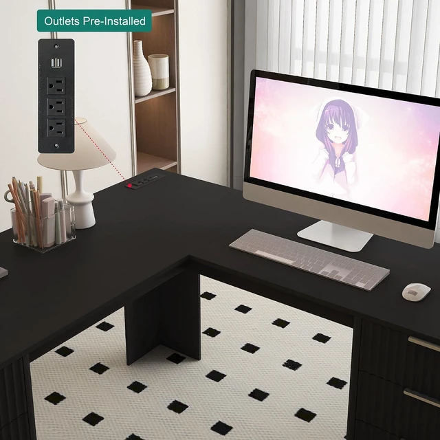 Alt view image 5 of 7 - 60 Inch L Shaped Computer Desk with USB Charging Ports and Storage Drawer Cabinets, Modern Wood Corner Writing Desk for Home Office Workstation, Black