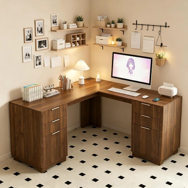 Main image of 60 Inch L Shaped Computer Desk with USB Charging Ports and Storage Drawer Cabinets, Modern Wood Corner Writing Desk for Home Office Workstation, Dark Walnut