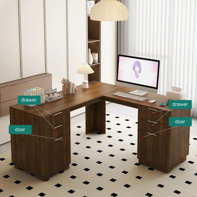 Alt view image 3 of 7 - 60 Inch L Shaped Computer Desk with USB Charging Ports and Storage Drawer Cabinets, Modern Wood Corner Writing Desk for Home Office Workstation, Dark Walnut